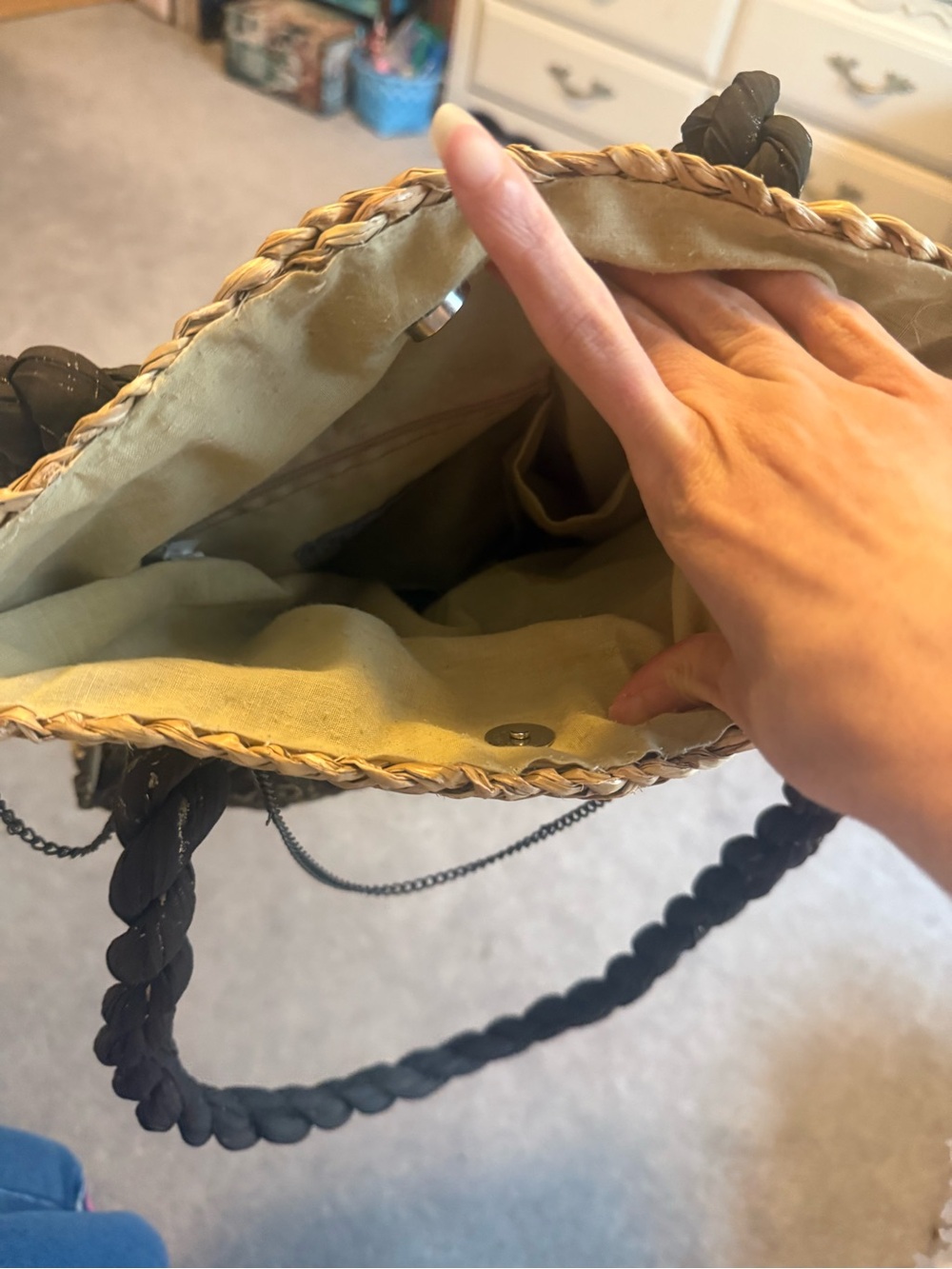 Woven Straw Tote with Brown Printed Fabric and Braided Handles - Picture 4 of 4